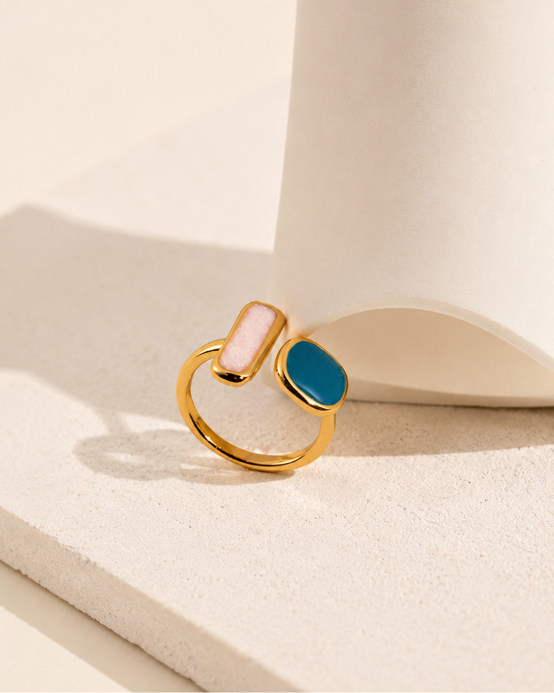 Modern adjustable S925 sterling silver ring with blue and white enamel details, gold plated open band statement jewelry for women
