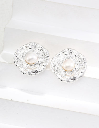 Vintage Textured Pearl Stud Earrings - Gold & Silver