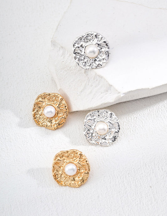 Vintage Textured Pearl Stud Earrings - Gold & Silver
