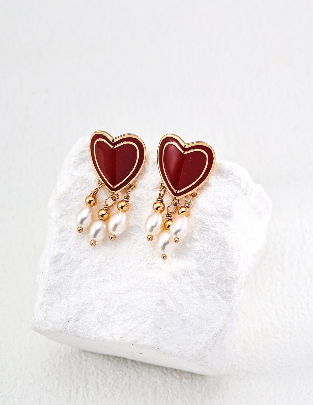 Red Enamel Heart Earrings with Natural Pearls | 18K Gold-Plated 925 Silver Romantic Jewelry
