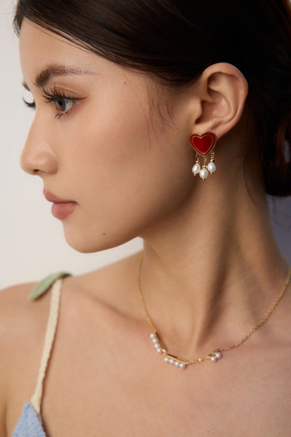 Red Enamel Heart Earrings with Natural Pearls | 18K Gold-Plated 925 Silver Romantic Jewelry