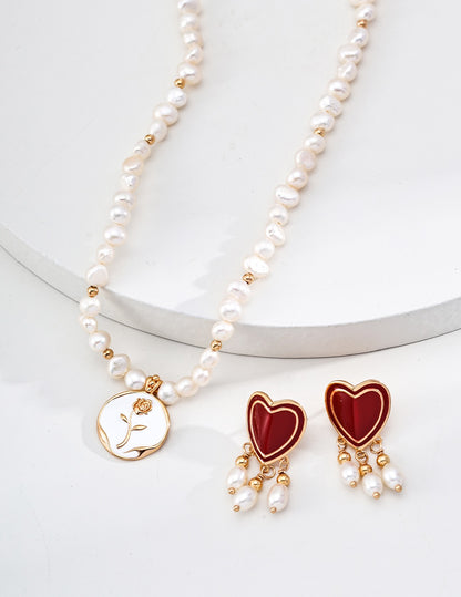 Red Enamel Heart Earrings with Natural Pearls | 18K Gold-Plated 925 Silver Romantic Jewelry