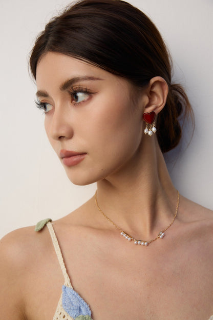 Red Enamel Heart Earrings with Natural Pearls | 18K Gold-Plated 925 Silver Romantic Jewelry