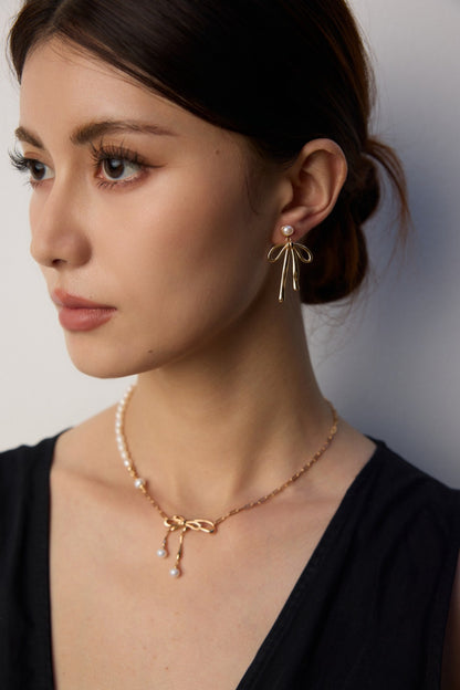 Natural Pearl Bow Drop Earrings | 18K Gold  925 Silver Ribbon Jewelry