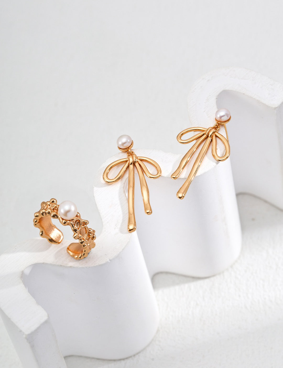 Natural Pearl Bow Drop Earrings | 18K Gold  925 Silver Ribbon Jewelry