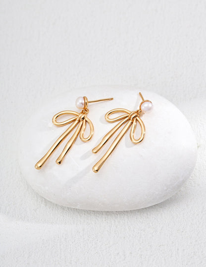 Natural Pearl Bow Drop Earrings | 18K Gold  925 Silver Ribbon Jewelry