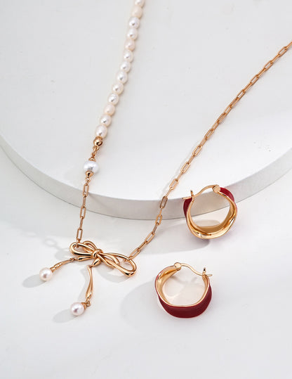 Bow Pearl Necklace – 18K Gold & 18K White Gold Plated 925 Silver with Natural Pearls