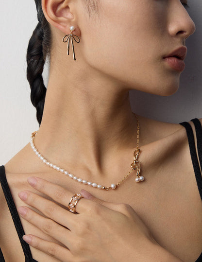 Bow Pearl Necklace – 18K Gold & 18K White Gold Plated 925 Silver with Natural Pearls