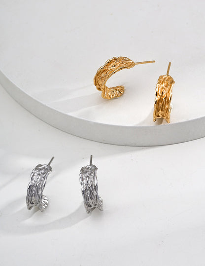 Textured Sculptural Hoop Earrings — 18K Gold / White Gold, 925 Sterling Silver