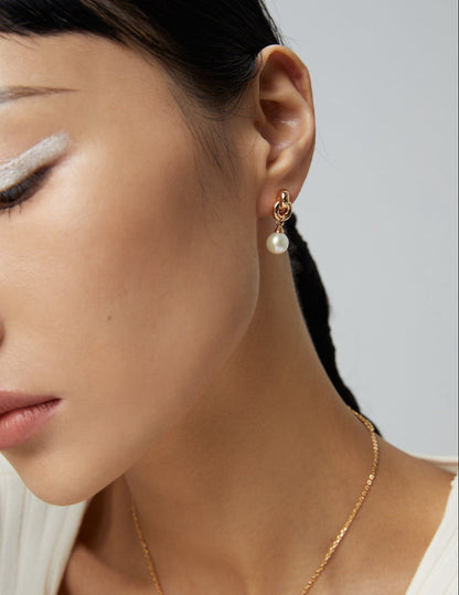 Natural Pearl Chain Link Drop Earrings — 18K Gold / White Gold, 925 Sterling Silver