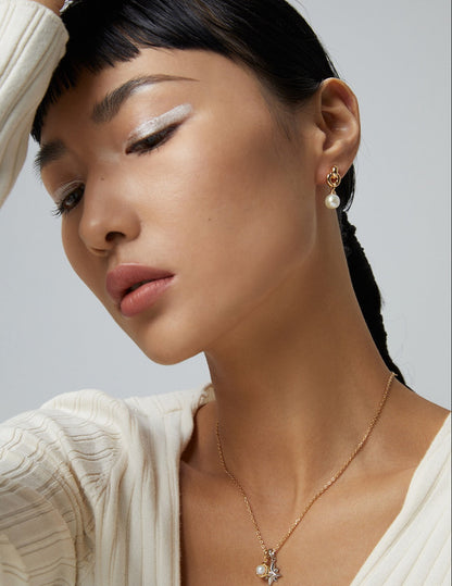 Natural Pearl Chain Link Drop Earrings — 18K Gold / White Gold, 925 Sterling Silver