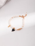 Black Enamel Heart & Natural Pearl Jewelry Set — Necklace & Bracelet, 18K Gold, 925 Sterling Silver