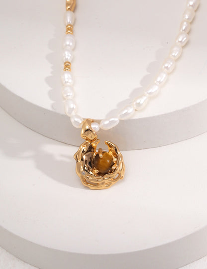 Natural Pearl/Tiger Eye Stone Necklace