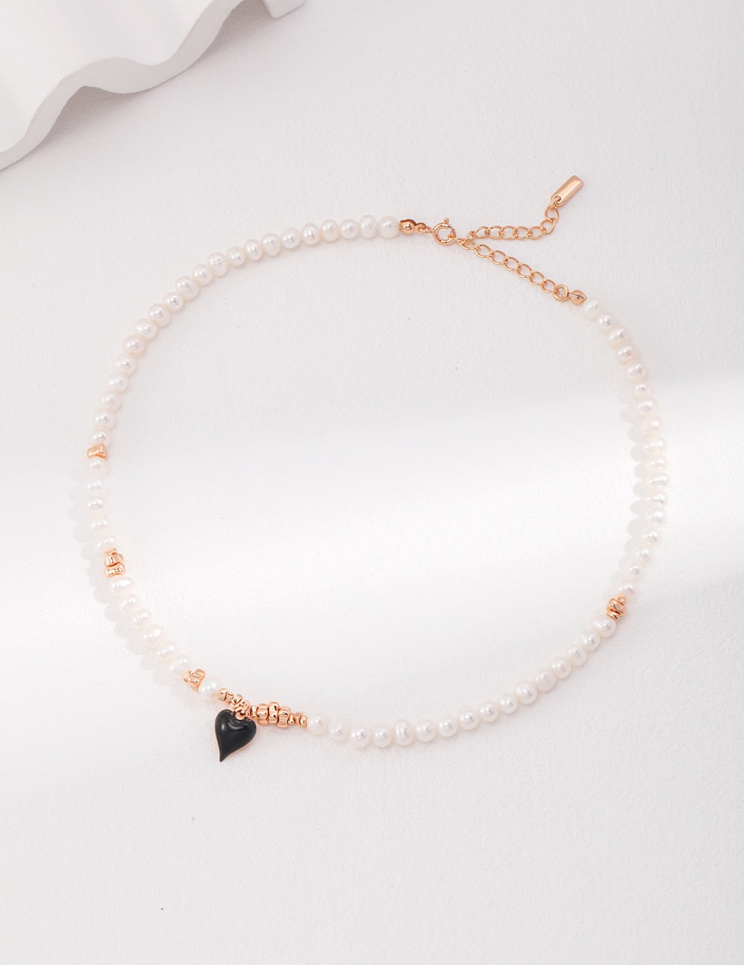 Black Enamel Heart & Natural Pearl Jewelry Set — Necklace & Bracelet, 18K Gold, 925 Sterling Silver