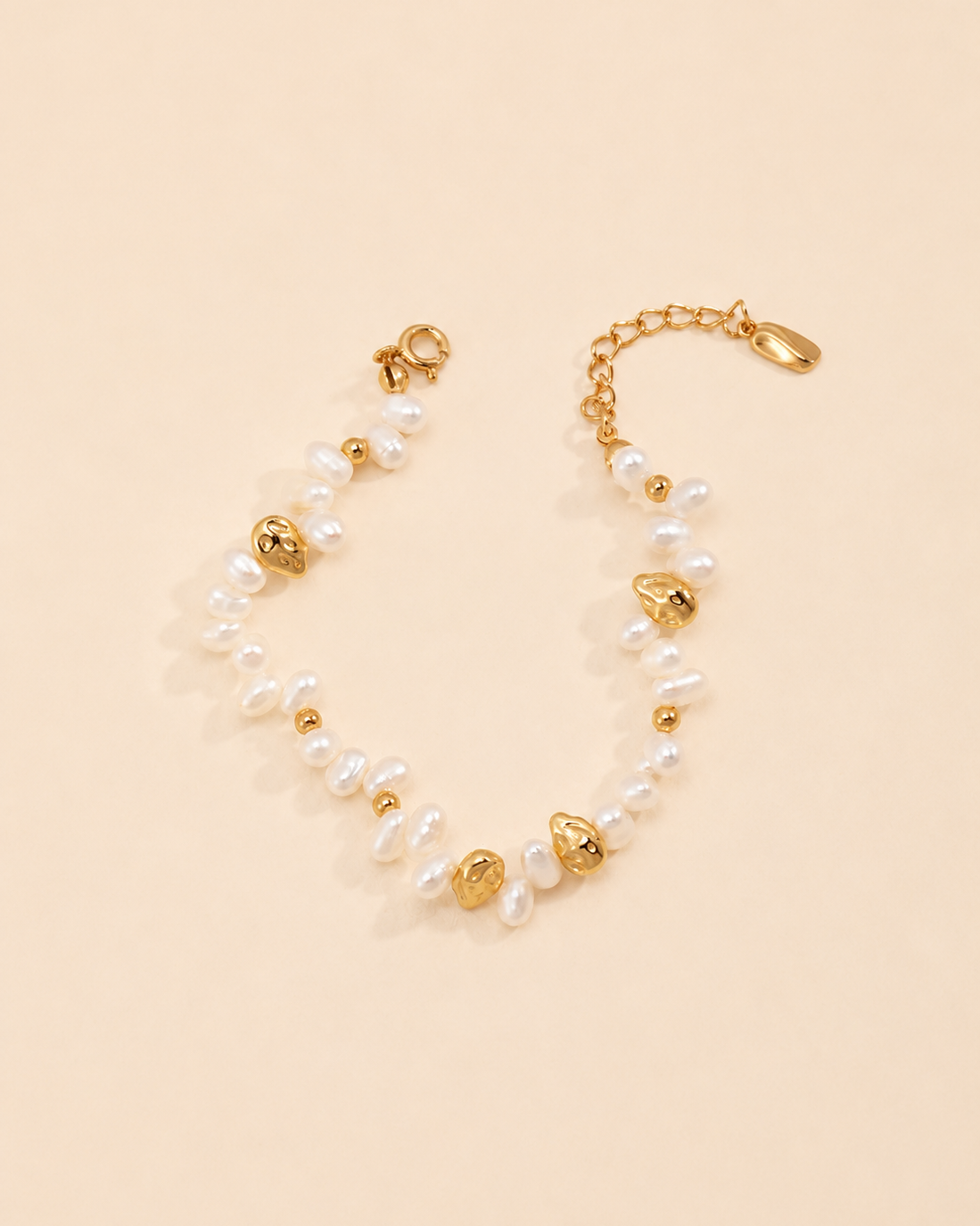 Close-up of the Aurielle Pearl Bracelet crafted with freshwater pearls and gold-plated accents.