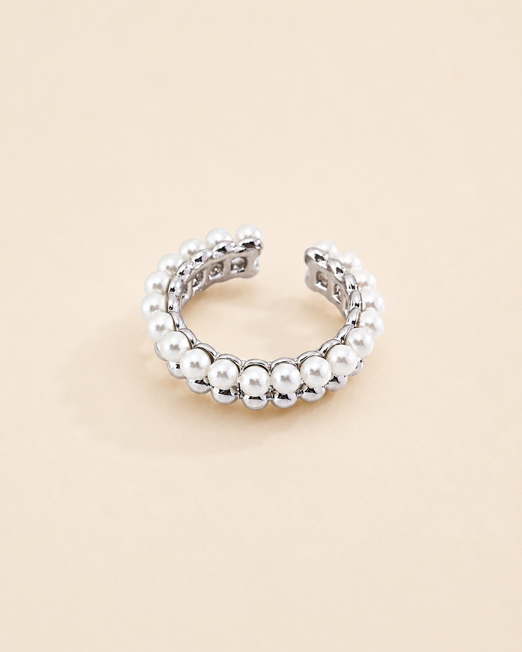 White gold plated pearl ring featuring delicate 3mm shell pearls