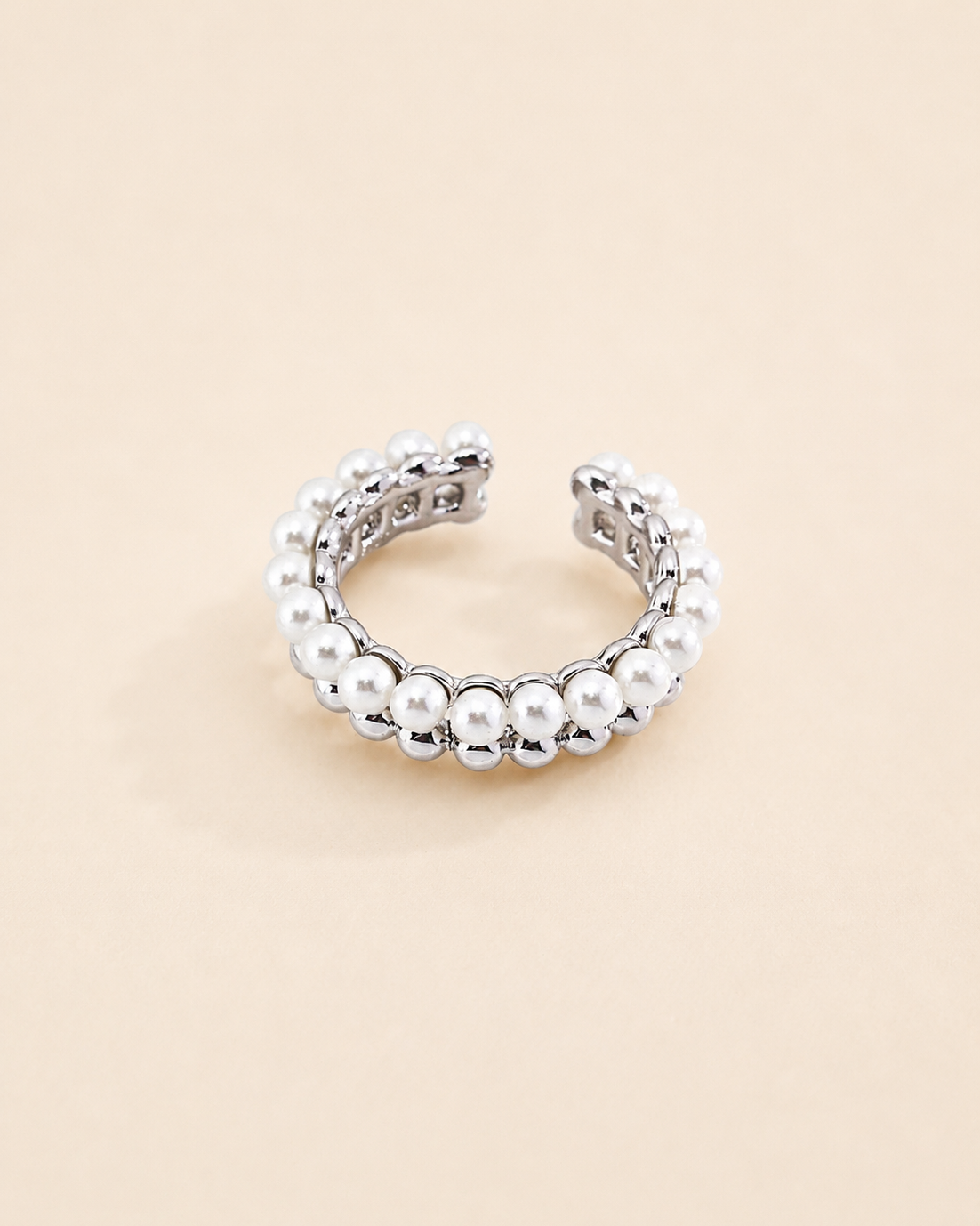 White gold plated pearl ring featuring delicate 3mm shell pearls