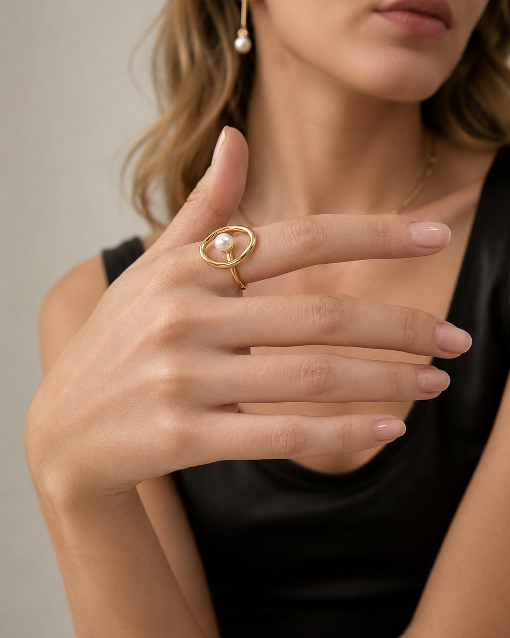 Close-up of the Halo Pearl Ring featuring a natural freshwater pearl and organic sculptural design.