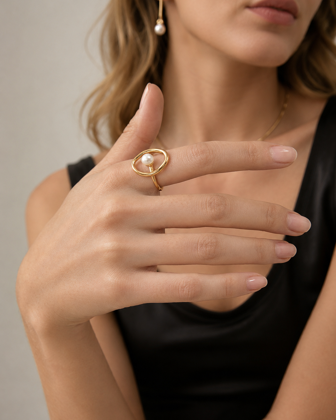 Close-up of the Halo Pearl Ring featuring a natural freshwater pearl and organic sculptural design.