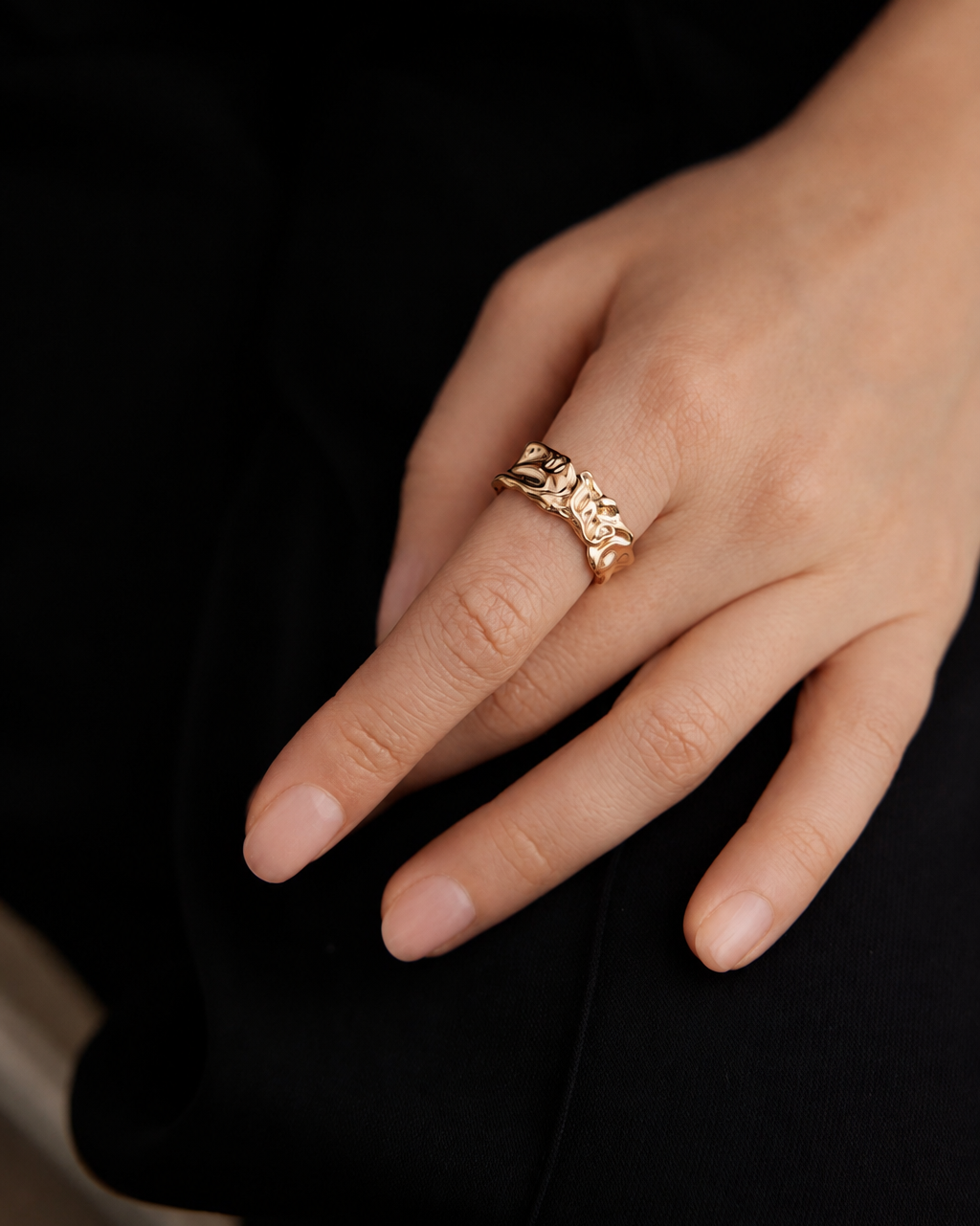 Close-up of the KissLotti Ripple Ring featuring an organic sculptural texture in thick 18K gold plated 925 sterling silver.