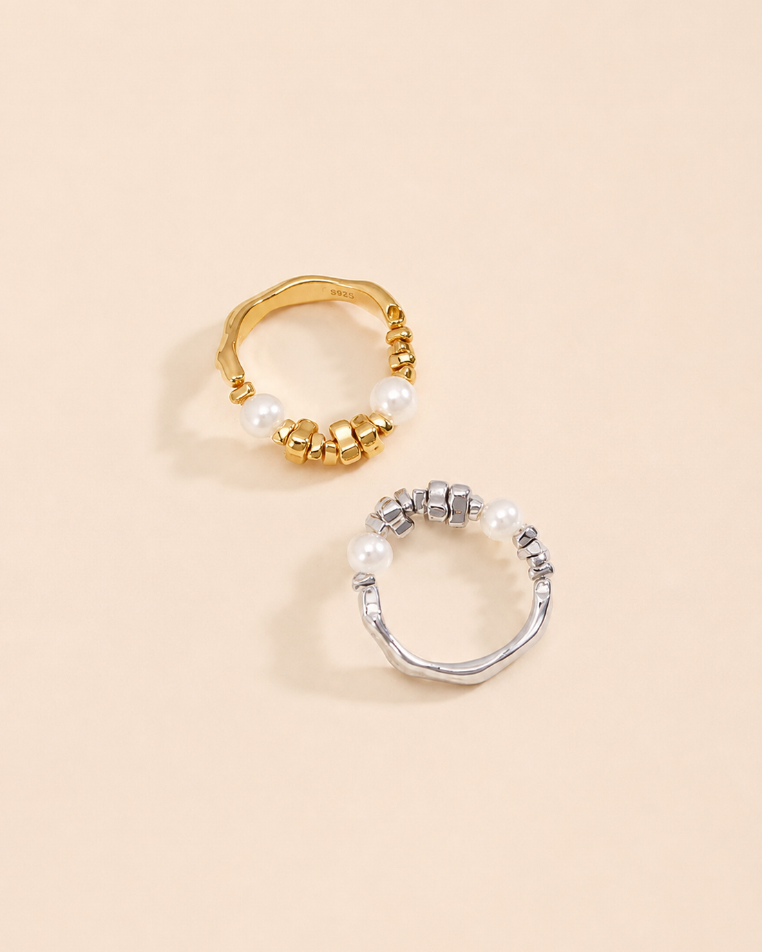 Luna Pearl Beaded Ring available in thick 18K gold plated and 18K white gold plated S925 sterling silver with natural freshwater pearls.