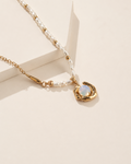 Freshwater pearl necklace with organic moonstone pendant in 18k gold vermeil, minimalist elegant jewelry for everyday wear.