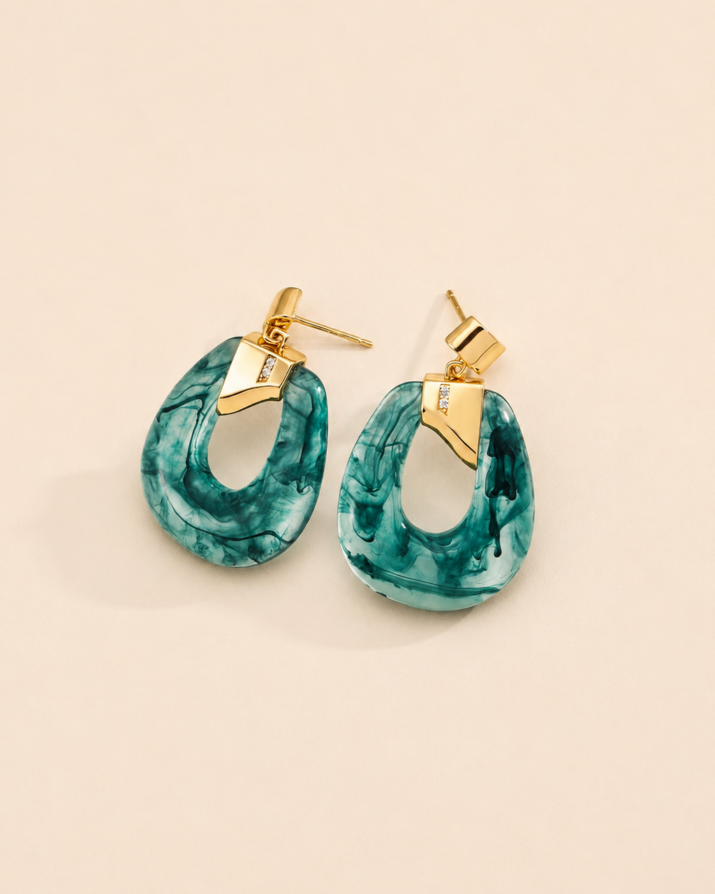 Green simulated moss agate drop earrings with 18K gold plated S925 sterling silver accents and zircon details, lightweight statement earrings for summer vacation and everyday wear.
