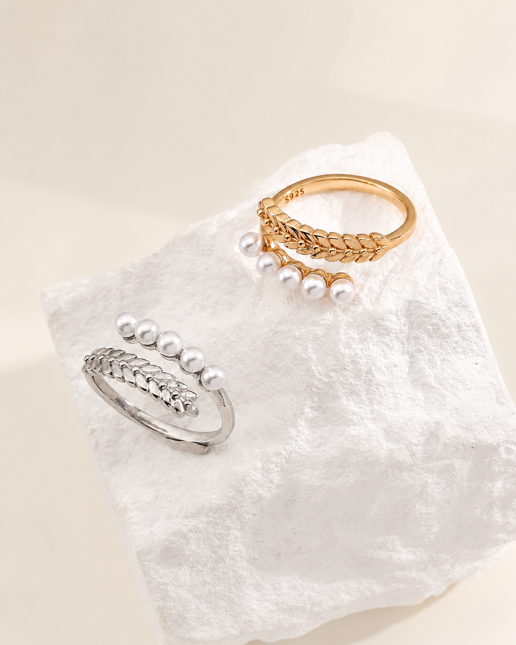 Pearl Laurel Open Ring available in thick 18K gold plated and thick white gold plated finishes.