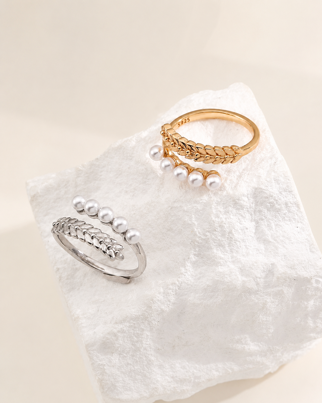 Pearl Laurel Open Ring available in thick 18K gold plated and thick white gold plated finishes.