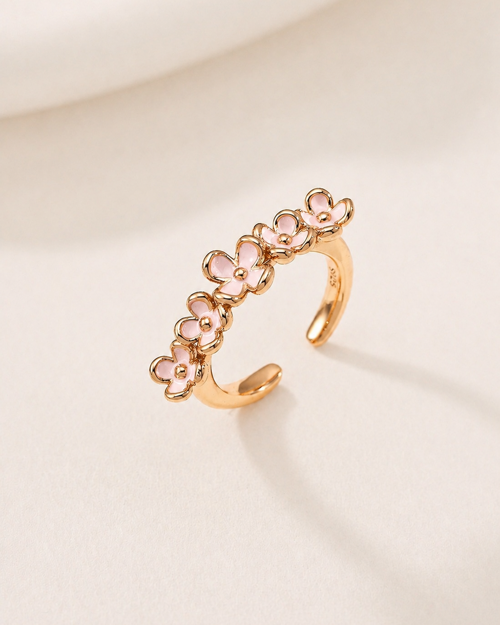 Pink blossom adjustable flower ring in 18k gold plated sterling silver