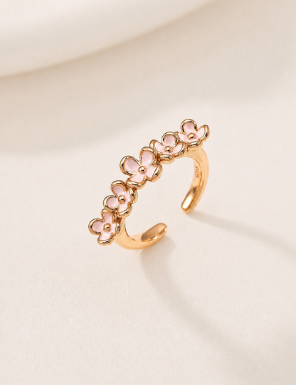 Pink blossom adjustable flower ring in 18k gold plated sterling silver