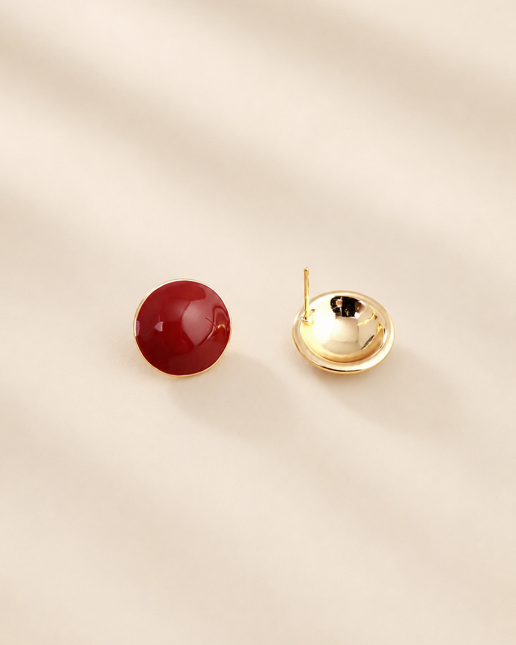 Aurora Rouge red enamel stud earrings in S925 sterling silver with thick 18K gold plating, featuring a rich crimson enamel finish and timeless minimalist elegance.