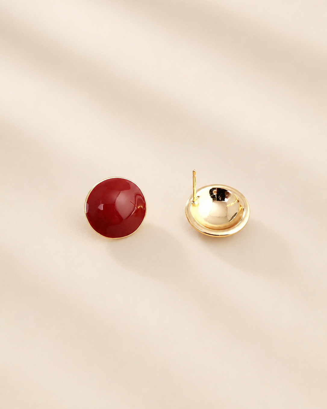 Aurora Rouge red enamel stud earrings in S925 sterling silver with thick 18K gold plating, featuring a rich crimson enamel finish and timeless minimalist elegance.