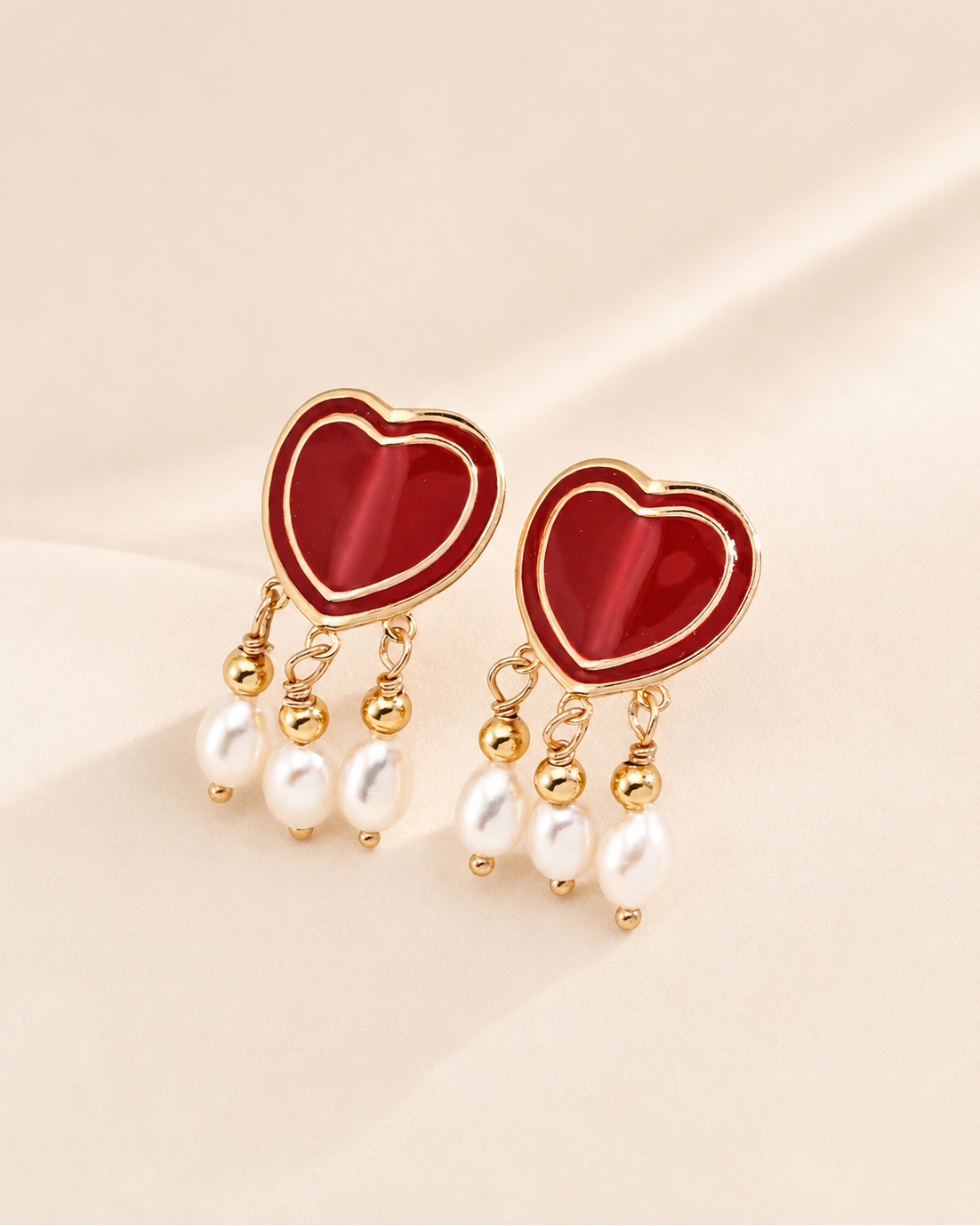Scarlet Heart Pearl Drop Earrings in 18K Gold Plated Sterling Silver with Red Enamel and Freshwater Pearls.