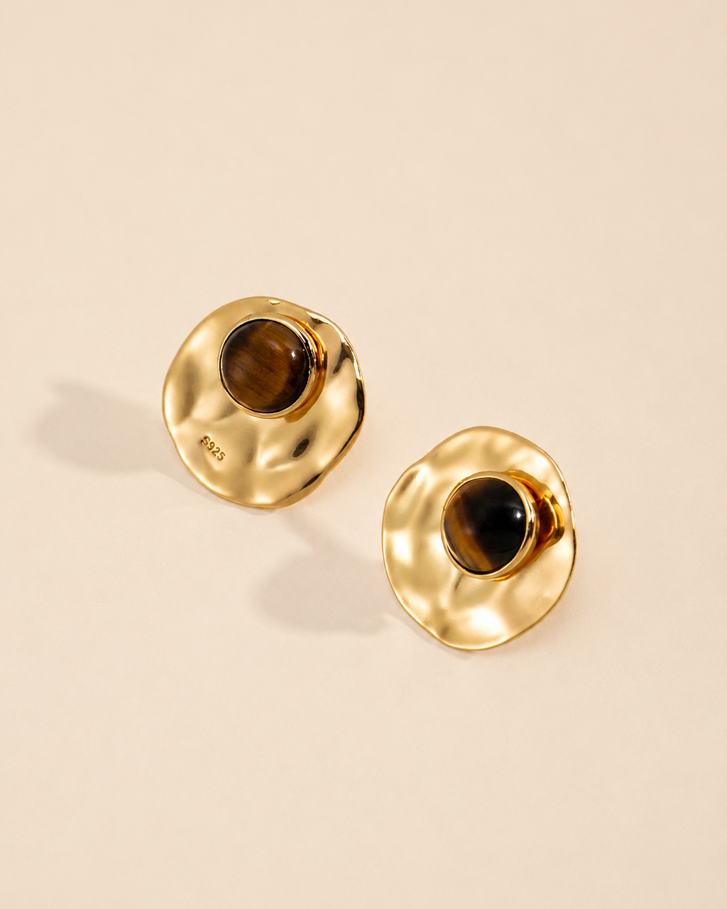 Convertible tiger eye earrings crafted in S925 sterling silver with thick 18K gold plating, featuring natural tiger eye gemstones and detachable hammered disc jackets.