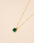 Natural malachite pendant necklace in 18K gold plated sterling silver with a square green gemstone charm and adjustable chain.