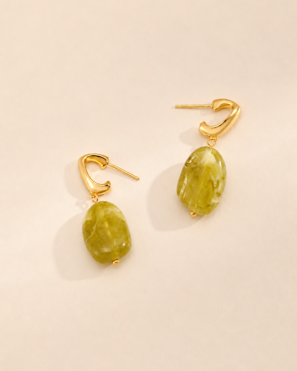 Green marbled resin drop earrings with 18K gold-plated S925 sterling silver accents, modern geometric statement design