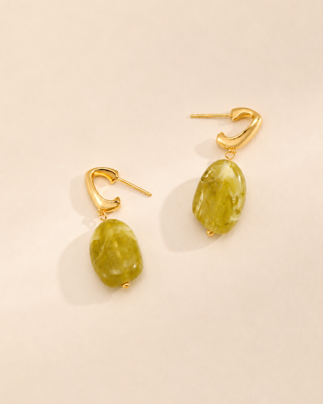 Green marbled resin drop earrings with 18K gold-plated S925 sterling silver accents, modern geometric statement design